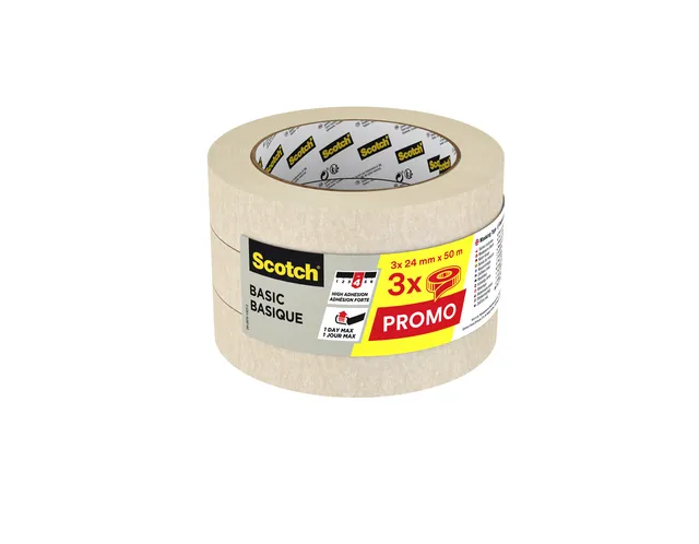 Afplaktape Scotch Basic 24mmx50m beige 3 rollen-1
