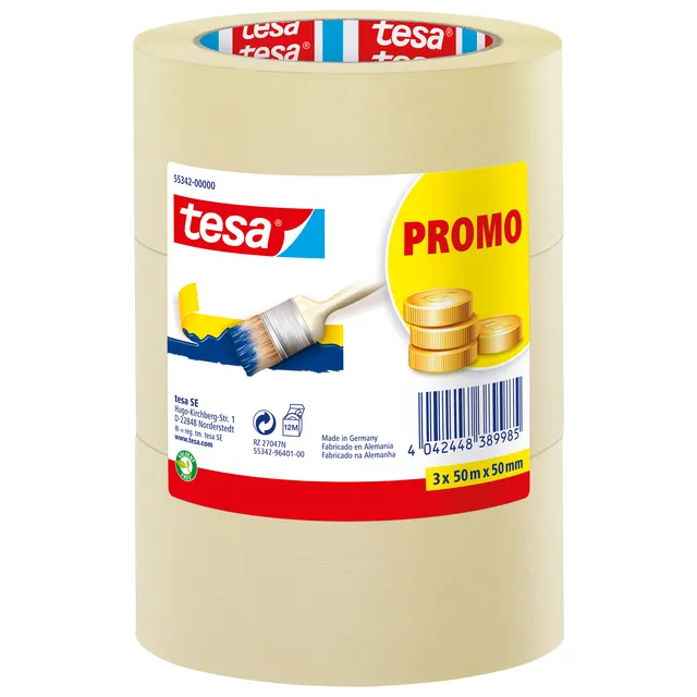 Afplaktape tesa®  Economy 50mmx50m geel 3 rollen-1