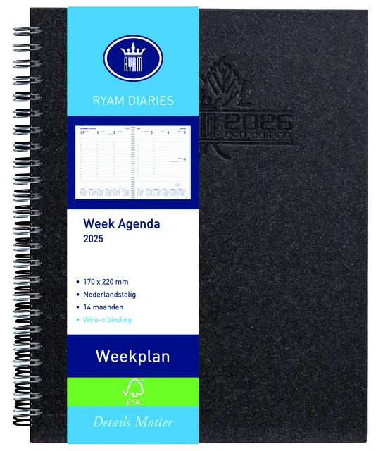 Agenda 2025 Ryam Weekplan Wire-o 7dagen/2pagina's zwart-1
