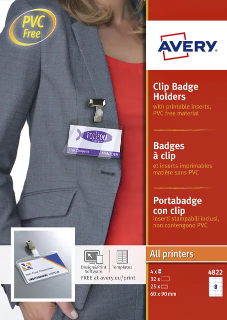 Badge Avery met clip 4822 60x90mm 25 stuks + 32 insteekkaarten-1