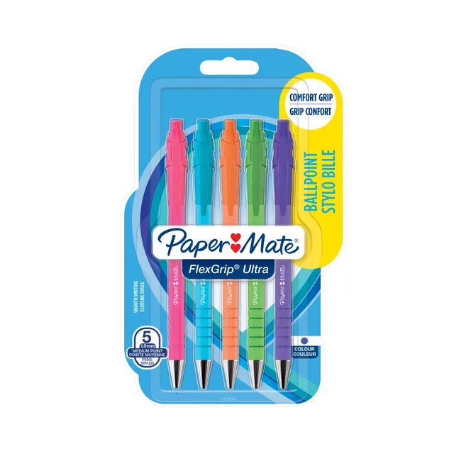 Balpen Paper Mate Flexgrip drukknop Bright fun medium schrijfkleur blauw blister à 5 stuks-1