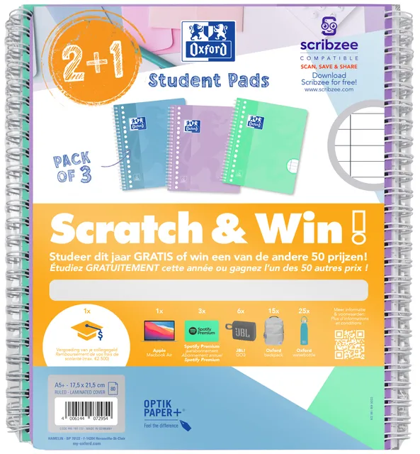 Collegeblok Oxford School A5+ lijn 17-gaats 160 pagina's 80gr pastel scratch&win assorti 3 stuks-1