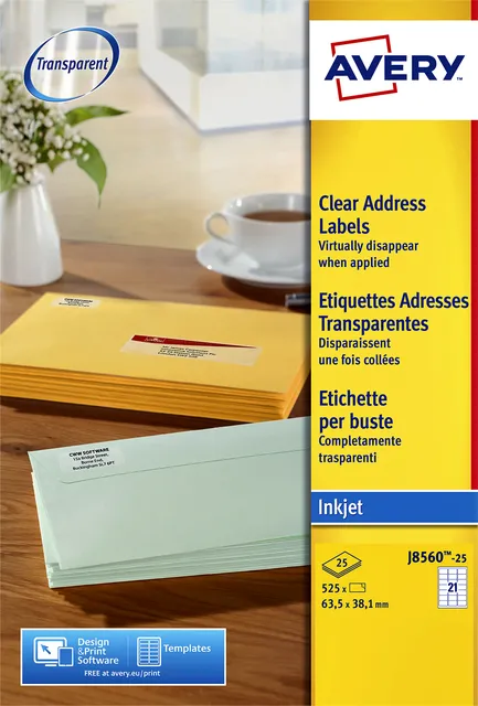 Etiket Avery J8560-25 63.5x38.1mm transparant 525stuks-1