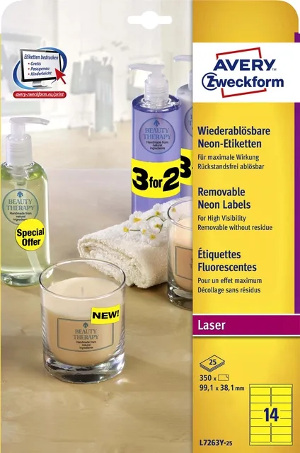 Etiket Avery L7263Y-25 99.1x38.1mm neon geel 350stuks-1