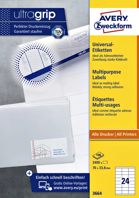 Etiket Avery Zweckform 3664 70x33.8mm wit 2400stuks-1