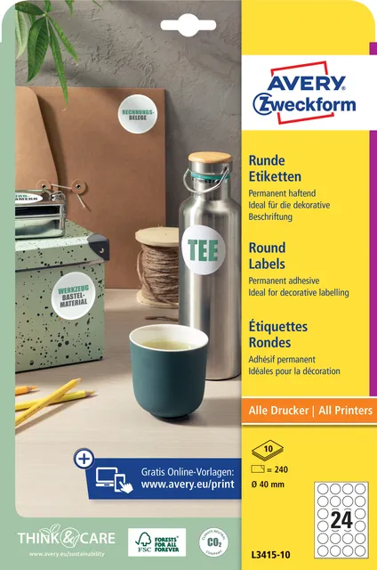 Etiket Avery Zweckform L3415-10 rond 40mm wit 240stuks-1