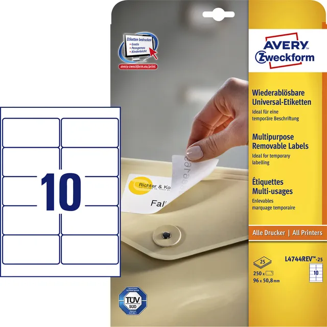 Etiket Avery Zweckform L4744REV-25 96x50.8mm afneembaar wit 250stuks-1