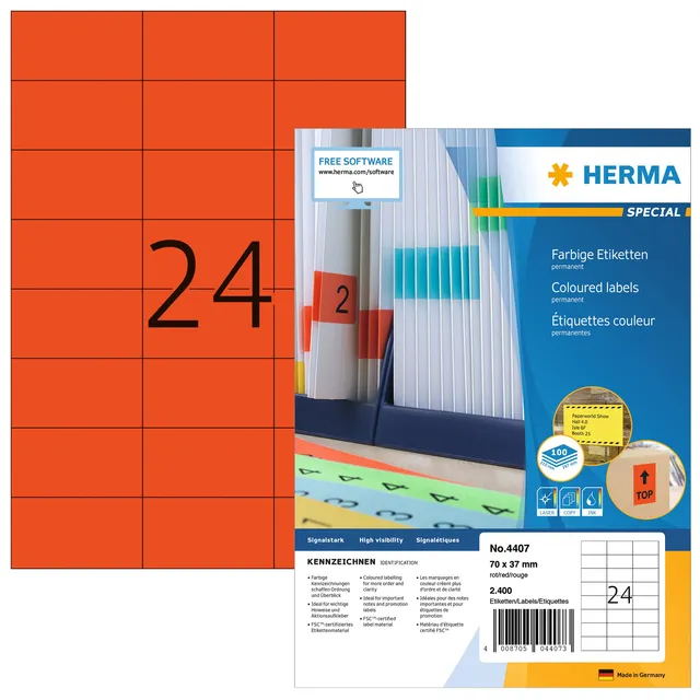Etiket HERMA 4407 70x37mm rood 2400stuks-1