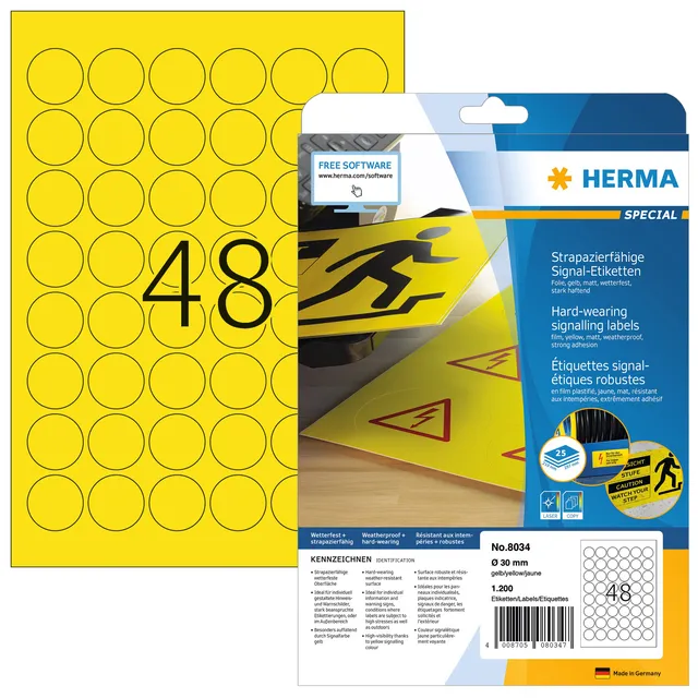 Etiket HERMA 8034 30mm rond weerbestendig geel 1200stuks-1