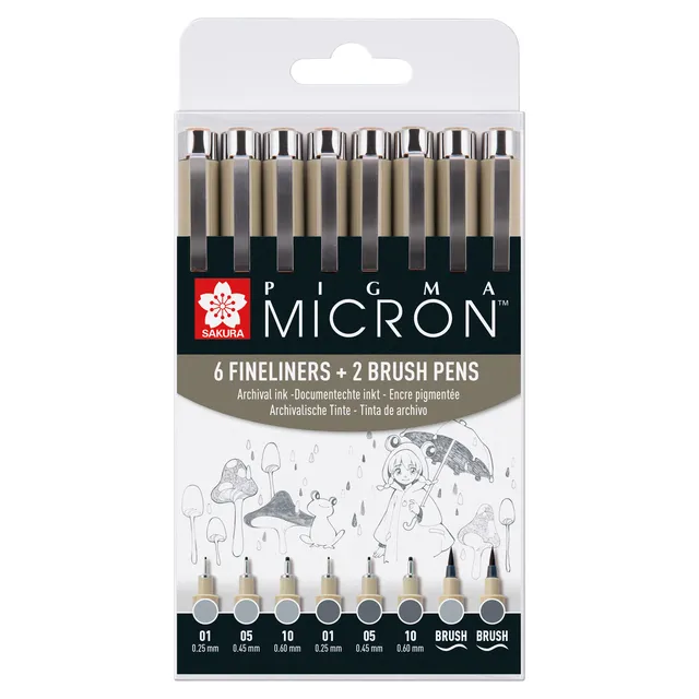Fineliner en brushpen Sakura Pigma Micron koudgrijs set à 8 stuks assorti-1
