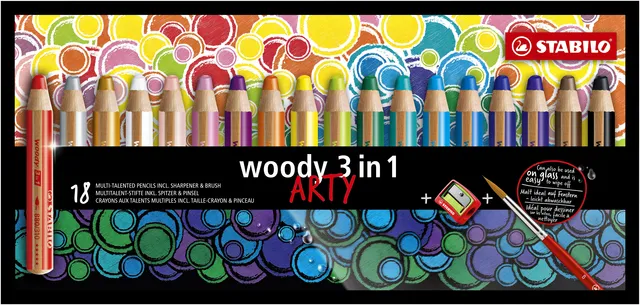 Kleurpotloden STABILO 880 woody 3 in 1 Arty incl puntenslijper en penseel assorti etui  à 18 stuks-1