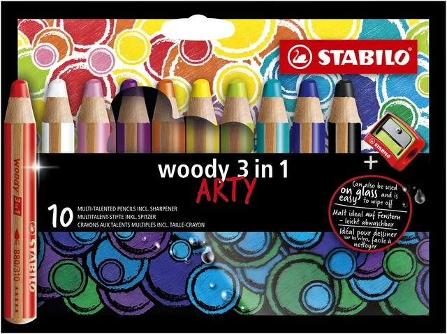 Kleurpotloden STABILO 880 woody 3 in 1 Arty inclusief puntenslijper assorti etui à 10 stuks-1