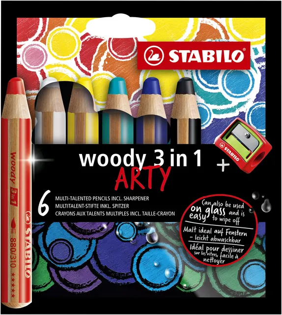 Kleurpotloden STABILO 880 woody 3 in 1 Arty inclusief puntenslijper assorti etui à 6 stuks-1