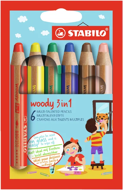 Kleurpotloden STABILO 880 woody 3 in 1 assorti etui à 6 stuks-1
