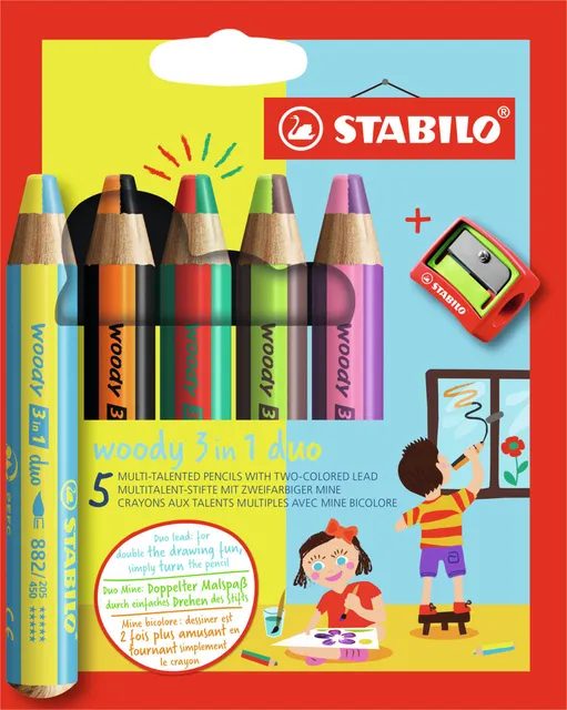 Kleurpotloden STABILO 882 woody 3 in 1 duo inclusief puntenslijper assorti etui 5 à stuks-1