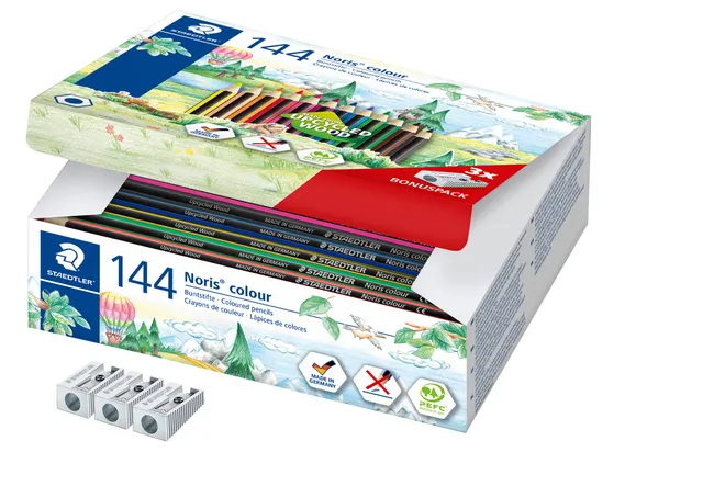 Kleurpotloden Staedtler Noris classpack à 144 stuks 12 kleuren + 3 puntenslijpers gratis-1