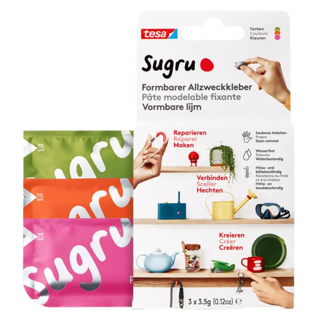Kneedbare hobbylijm Sugru by tesa® sterke alleslijm 3 pakken roze oranje groen-1