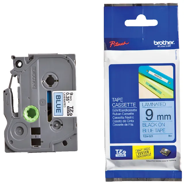Labeltape Brother P-touch TZe-521 standaard 9mm zwart op blauw-1