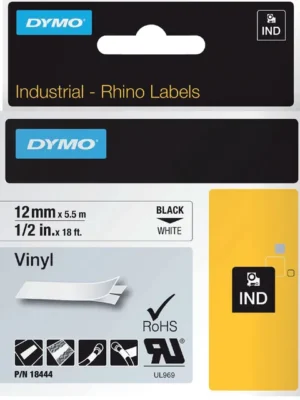 Labeltape Dymo Rhino industrieel vinyl 12mm zwart op wit-1