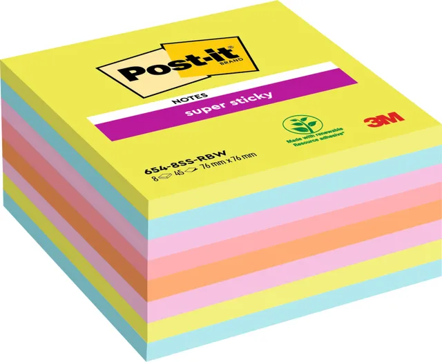 Memoblok Post-it 654 Super Sticky 76x76mm rainbow 8 stuks-1