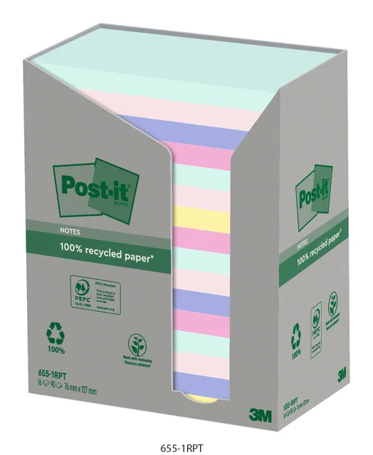 Memoblok Post-it 655-RPT 76x127mm recycled rainbow pastel 16 stuks-1