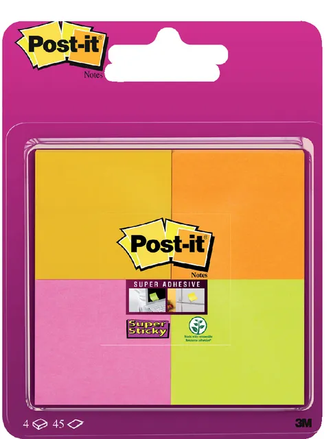Memoblok Post-it 6910 Super Sticky 51x51mm assorti 4 stuks-1