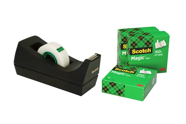 Plakbandhouder Scotch C38 zwart + 4 rollen magic tape 19mmx33m-1
