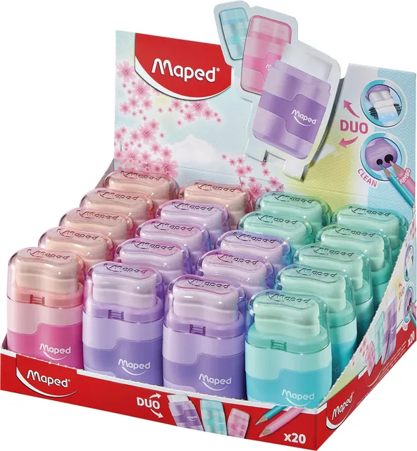 Puntenslijper Maped Connect 2gaats met gum display á 20 stuks pastel assorti-1