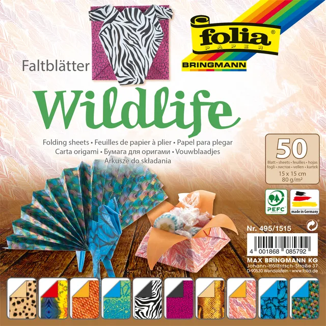 Vouwblaadjes Folia 80gr 15x15cm 50 vel 2-zijdig 10 wildlife designs-1