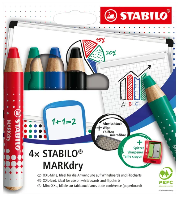 Whiteboardpotlood STABILO MARKdry 648/4 inclusief slijper en microvezeldoek assorti etui à 4 stuks-1